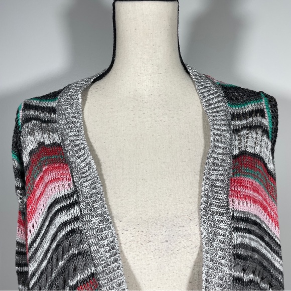 Poof Red Gray Black Open Front Knit Fringe Boho Long Sleeve Cardigan Sweater S - Picture 3 of 11